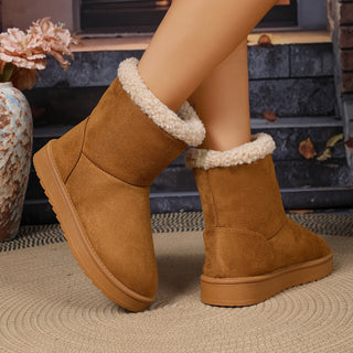 Bottes fourrées mi-mollet camel, col à revers en moumoute, semelle antidérapante épaisse
