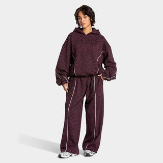 Ensemble sport femme sweat à capuche et pantalon ample imprimé léopard bordeaux avec cordon