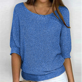 Pull femme ample en maille manches 3/4 chauve-souris, col rond, bleu.