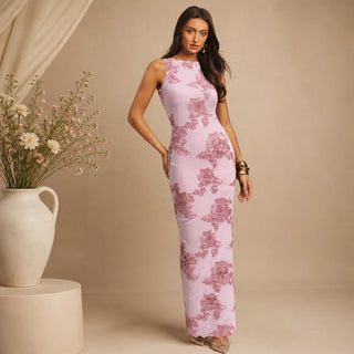 Robe longue moulante sans manches brodée de fleurs, fente, rose clair
