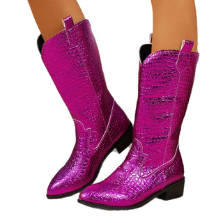 Bottes western mi-mollet fuchsia à bout pointu, similicuir effet croco, talon carré