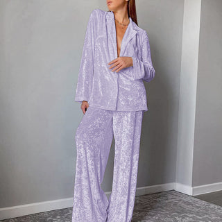 Ensemble pyjama en velours violet clair pour femme : chemise à revers et pantalon large