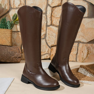 Bottes cavalières en cuir marron, tige haute et petit talon bloc