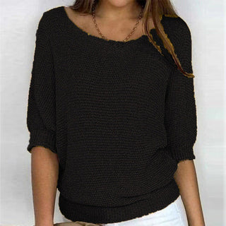 Pull femme ample en maille manches 3/4 chauve-souris, col rond, noir.