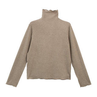 Sous-pull col roulé taupe en laine mélangée, manches longues, maille fine.