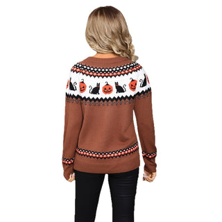 Dos de pull femme marron en maille jacquard chats et citrouilles, col rond