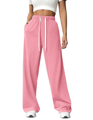 Pantalon de jogging femme taille haute rose à cordon, jambe droite ample.