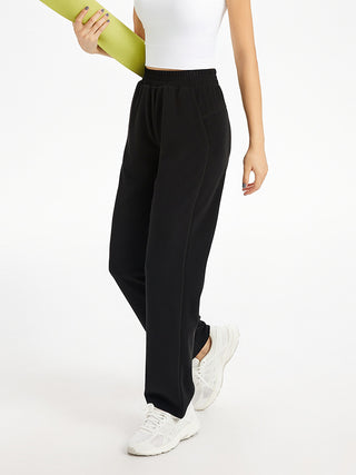 Pantalon de yoga femme noir taille haute, coupe droite fluide, ceinture élastique