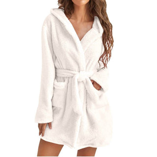 Robe de bain blanche en peluche à capuche, avec ceinture et poches