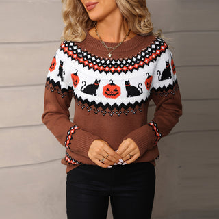 Pull femme marron en laine mélangée, jacquard chats et citrouilles, col rond