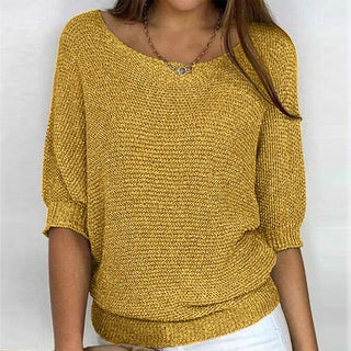 Pull femme ample en maille manches 3/4 chauve-souris, col rond, jaune moutarde.