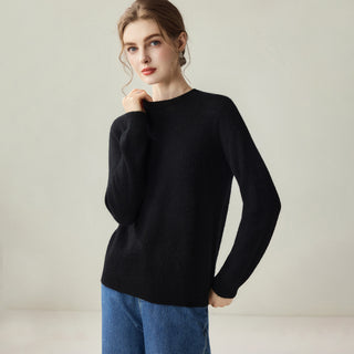 Pull femme en cachemire noir à col rond, maille fine, manches longues