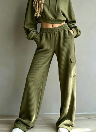Pantalon large vert armée à taille haute élastique, cordon et poches cargo
