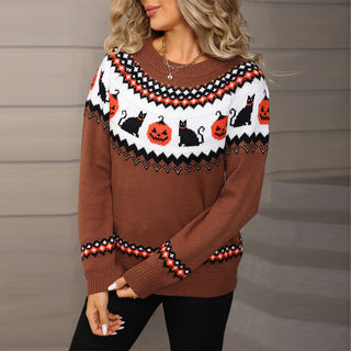 Pull femme marron à motif jacquard chats et citrouilles, col rond, manches longues