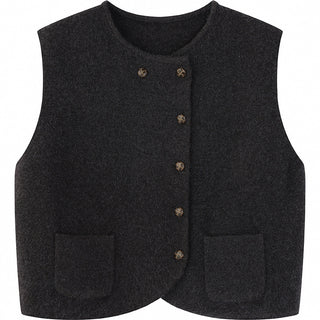 Gilet sans manches anthracite à encolure ronde, boutons décalés et poches plaquées