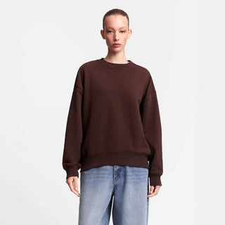 Sweat oversize femme à col rond, coton molletonné marron foncé, manches longues larges