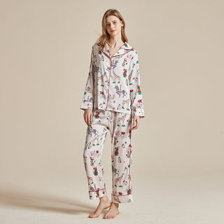 Ensemble de pyjama satin blanc à imprimé animaux colorés, chemise boutonnée à revers