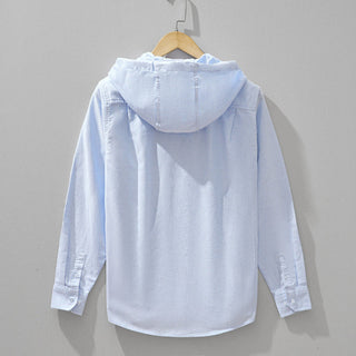 Veste à capuche en lin bleu clair, vue dos avec capuche et manches longues.