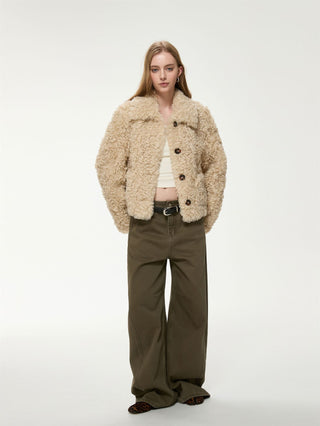 Veste courte beige en fausse fourrure bouclée, col chemise, boutons sur le devant.