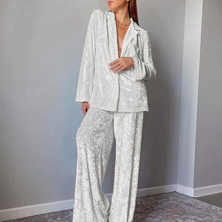 Ensemble pyjama en velours blanc pour femme : chemise à revers et pantalon large