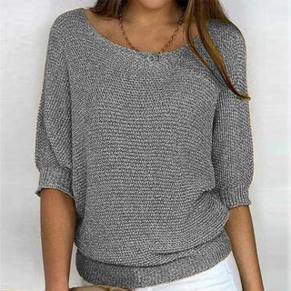Pull femme ample en maille manches 3/4 chauve-souris, col rond, gris chiné.