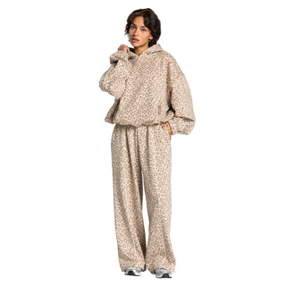 Ensemble sport femme sweat à capuche et pantalon ample imprimé léopard beige clair