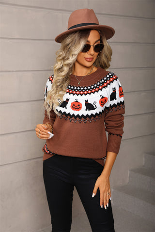 Pull femme marron à motif jacquard chats et citrouilles, col rond, look décontracté