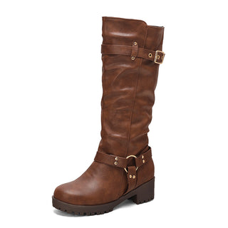 Botte haute marron à bout rond, brides à boucles dorées