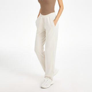 Pantalon de yoga femme blanc cassé taille haute, coupe droite fluide, ceinture élastique