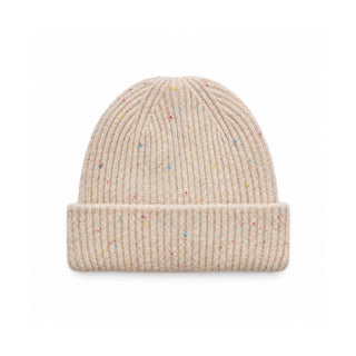 Bonnet beige en tricot côtelé à revers, parsemé de petits points colorés