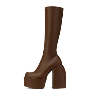 Botte haute marron à plateforme et talon carré épais, tige lisse stretch