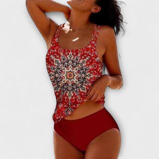 Ensemble de bikinis : top sans manches à motif fleuri rouge et bas bordeaux