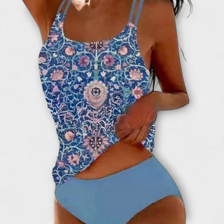 Ensemble de bikinis : top sans manches à motif bleu fleuri et bas de bikini bleu clair
