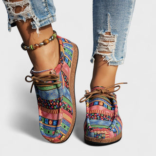 Chaussures femme à lacets, dessus multicolore avec semelle brune épaisse
