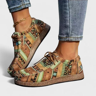 Chaussures femme motifs multicolores beige et vert, lacets et semelle brune