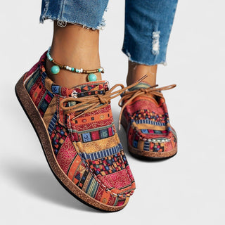 Chaussures femme à motifs multicolores, dessus textile et lacets bruns