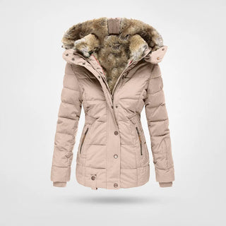 Veste matelassée pour femme beige clair, capuche doublée fausse fourrure.