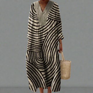 Robe mi-longue à motifs géométriques noir et écru, encolure en V, manches 3/4.