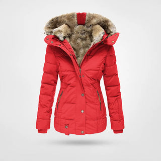 Veste matelassée pour femme rouge, capuche doublée fausse fourrure.