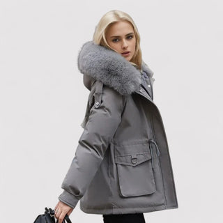 Manteau d’hiver Sofia gris, capuche fourrée, parka zippée avec poches