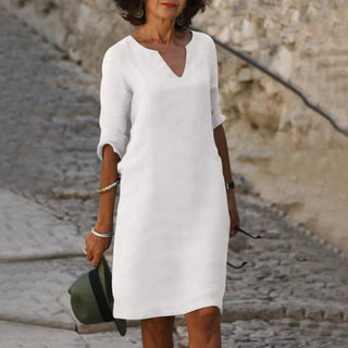 Robe à col V, manches trois-quarts, blanc