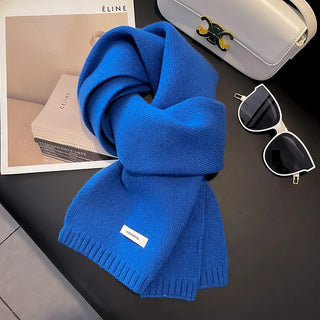 Écharpe bleue en laine tricotée, épaisse et à bords côtelés