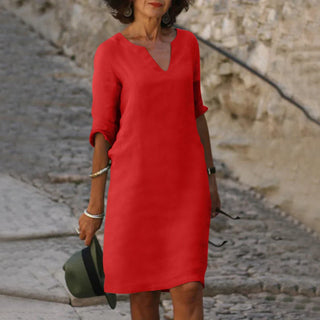Robe à col V, manches trois-quarts, rouge