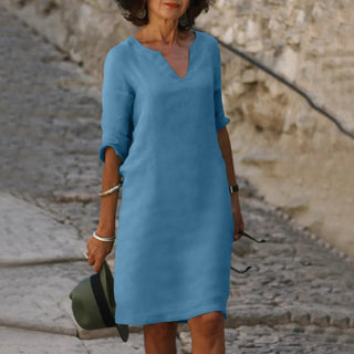 Robe à col V, manches trois-quarts, bleu clair