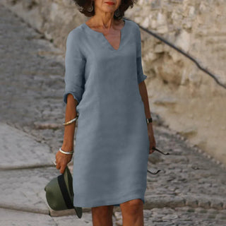 Robe à col V, manches trois-quarts, bleu clair