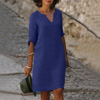 Robe à col V, manches trois-quarts, bleu foncé