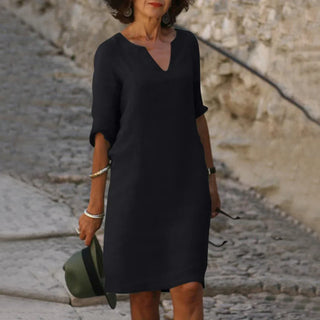 Robe à col V, manches trois-quarts, noir