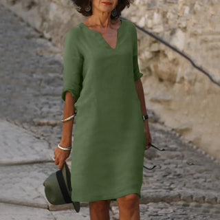 Robe à col V, manches trois-quarts, vert