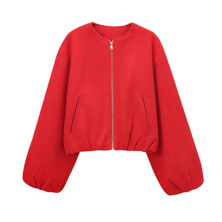 Veste bomber en polaire rouge, fermeture éclair centrale et poches latérales