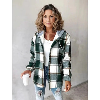 Manteau à capuche en tartan vert, blanc et beige, fermeture boutonnée, manches longues